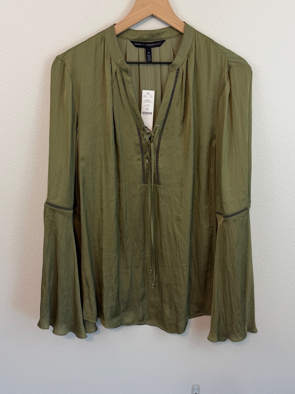 White House Black Market Olive Green Lace-Up Bell Sleeve Blouse